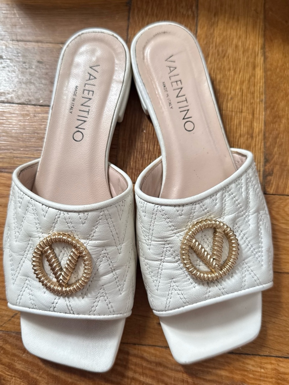 Mario Valentino White Quilted Slide Mules with Gold Logo